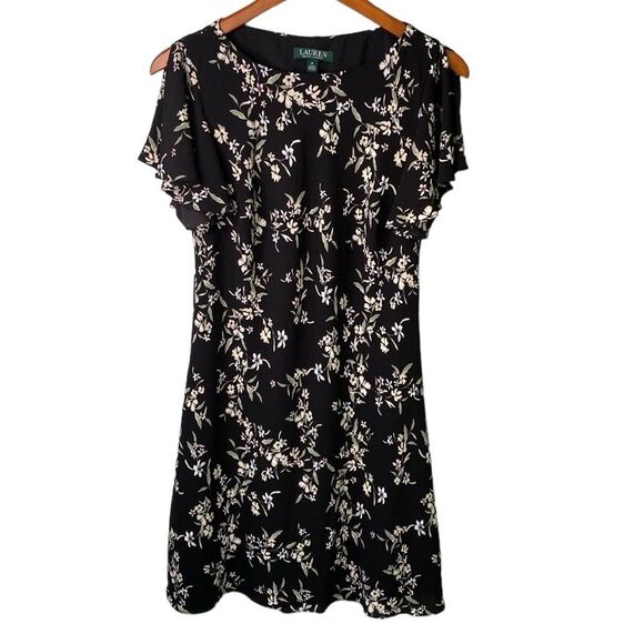 Lauren Ralph Lauren Floral Flutter Short Sleeve A-Line Dress High Neck Modest - Picture 1 of 15
